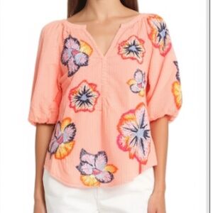 Maeve by Anthropologie Embroidered Peasant Puff Sleeve Floral Blouse Size Small